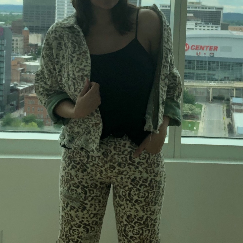 Distressed leopard print oversized jean jacket